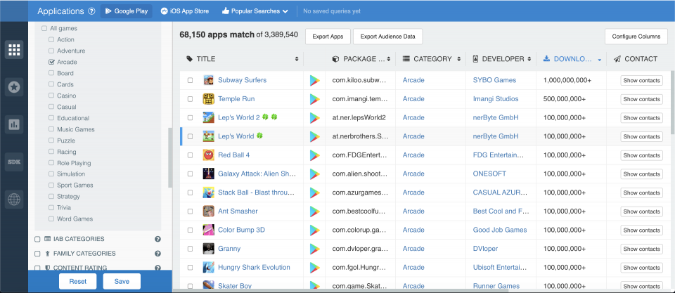 How to filter Android games by category; app store analytics from 42matters.
